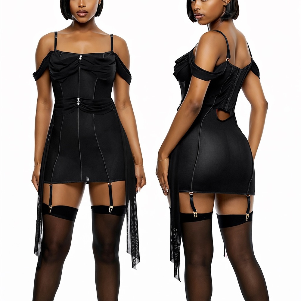 Forplay Women's Princess Treatment Draped Mesh Chemise Lingerie Set-Black- L